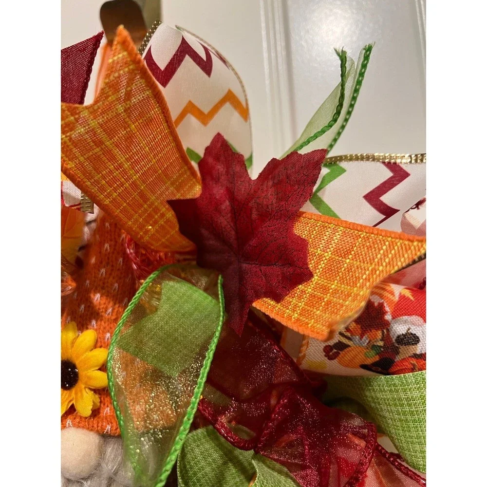 13 inch Ribbon Wreath Fall Autumn Thanksgiving Gnome MW1